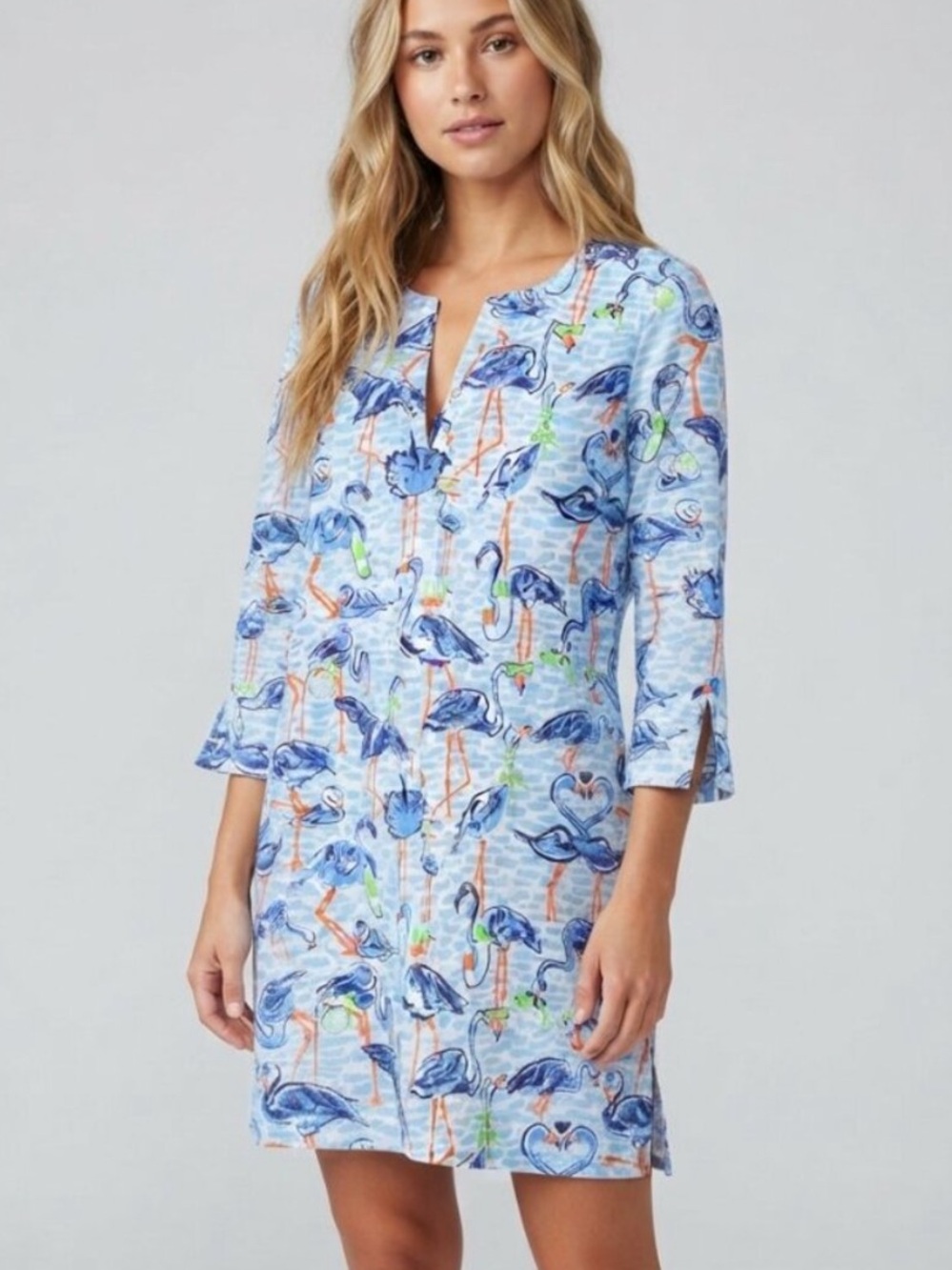Gretchen Scott Blue Orange Flamingos Floaties Tunic Dress Medium 57151